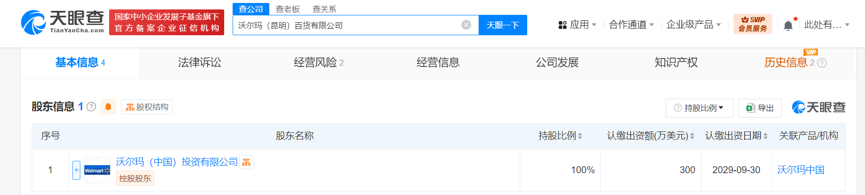 沃尔玛在昆明成立百货公司 注册资本300万美元